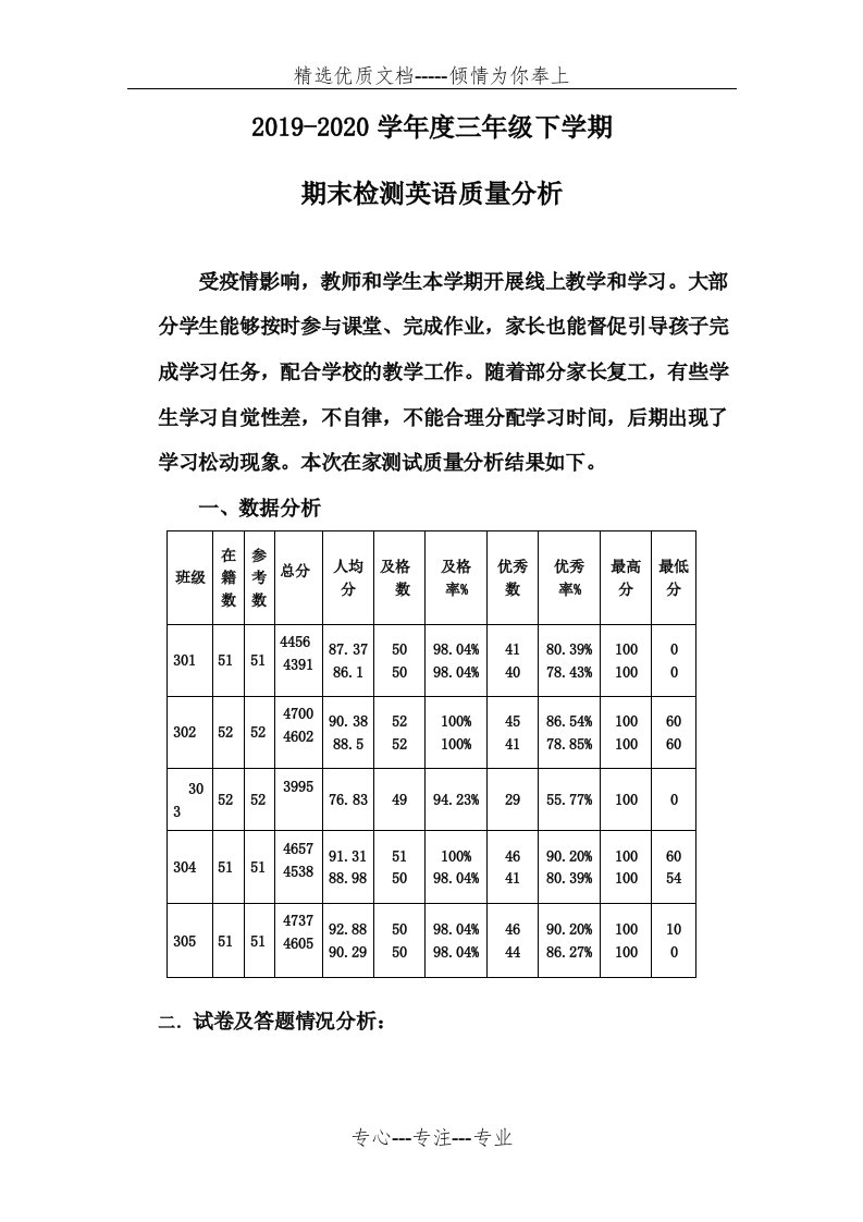 下学期期末三年级英语期末质量分析(共3页)