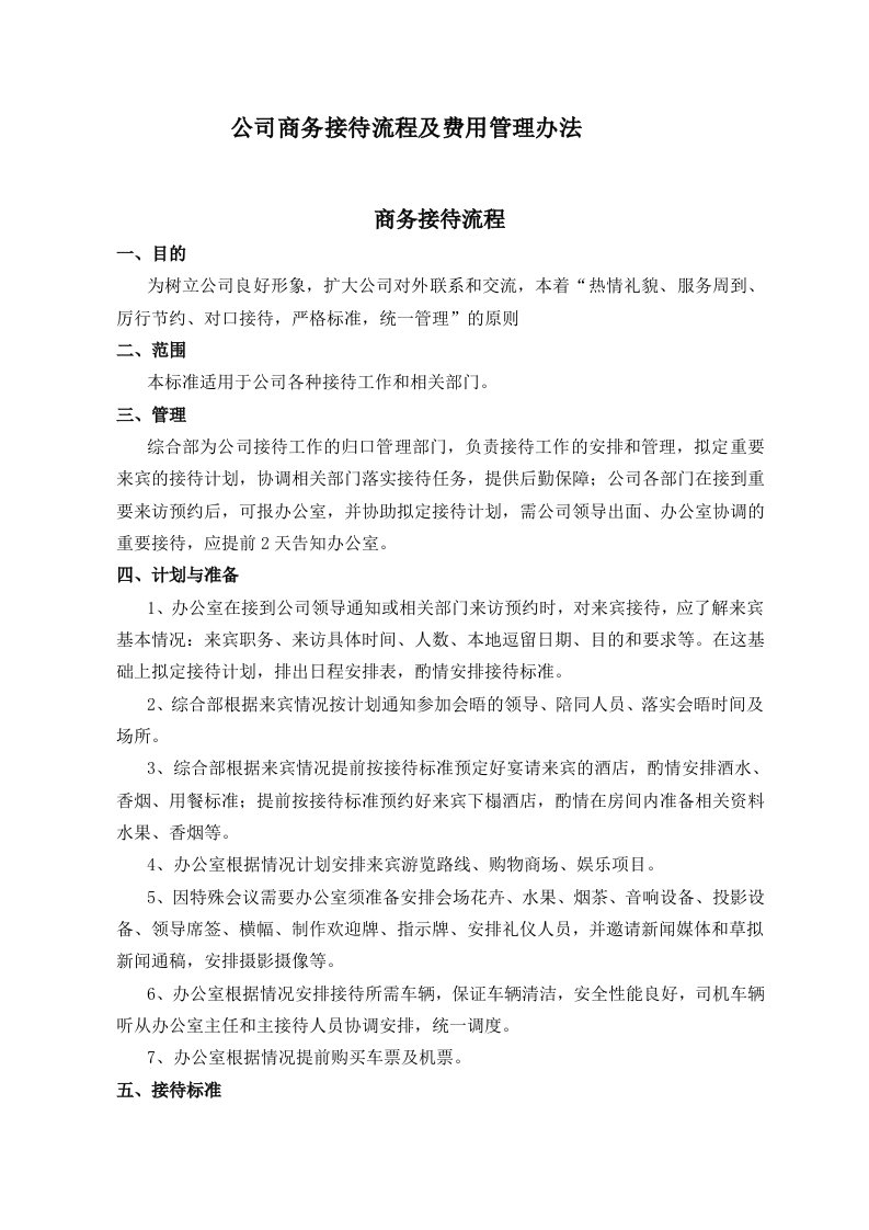 公司商务接待流程及费用管理办法