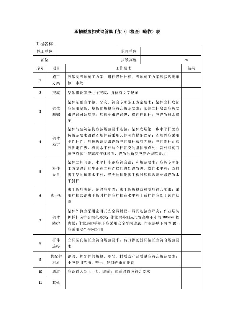 承插型盘扣式钢管脚手架检查验收表