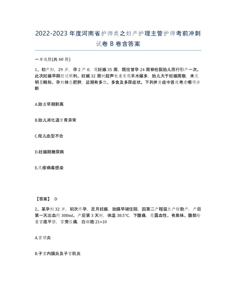 2022-2023年度河南省护师类之妇产护理主管护师考前冲刺试卷B卷含答案