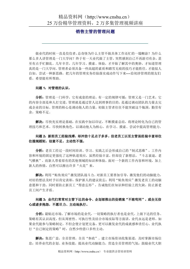 销售主管的管理问题分析解决