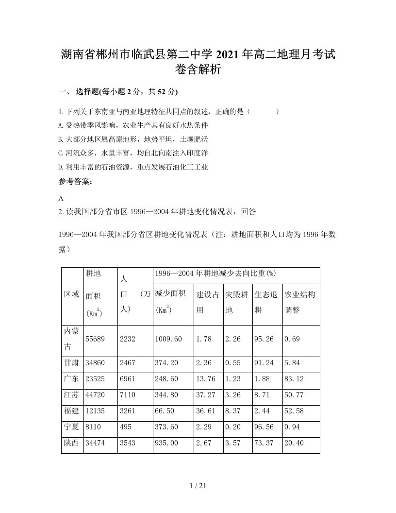 湖南省郴州市临武县第二中学2021年高二地理月考试卷含解析