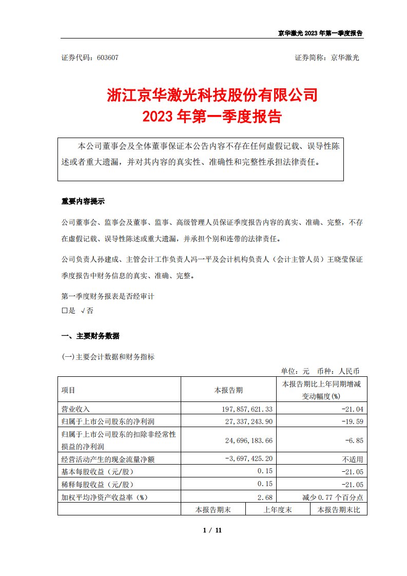 上交所-京华激光2023年第一季度报告-20230426