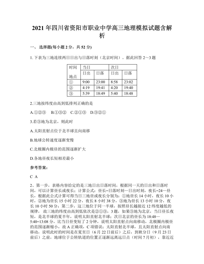 2021年四川省资阳市职业中学高三地理模拟试题含解析