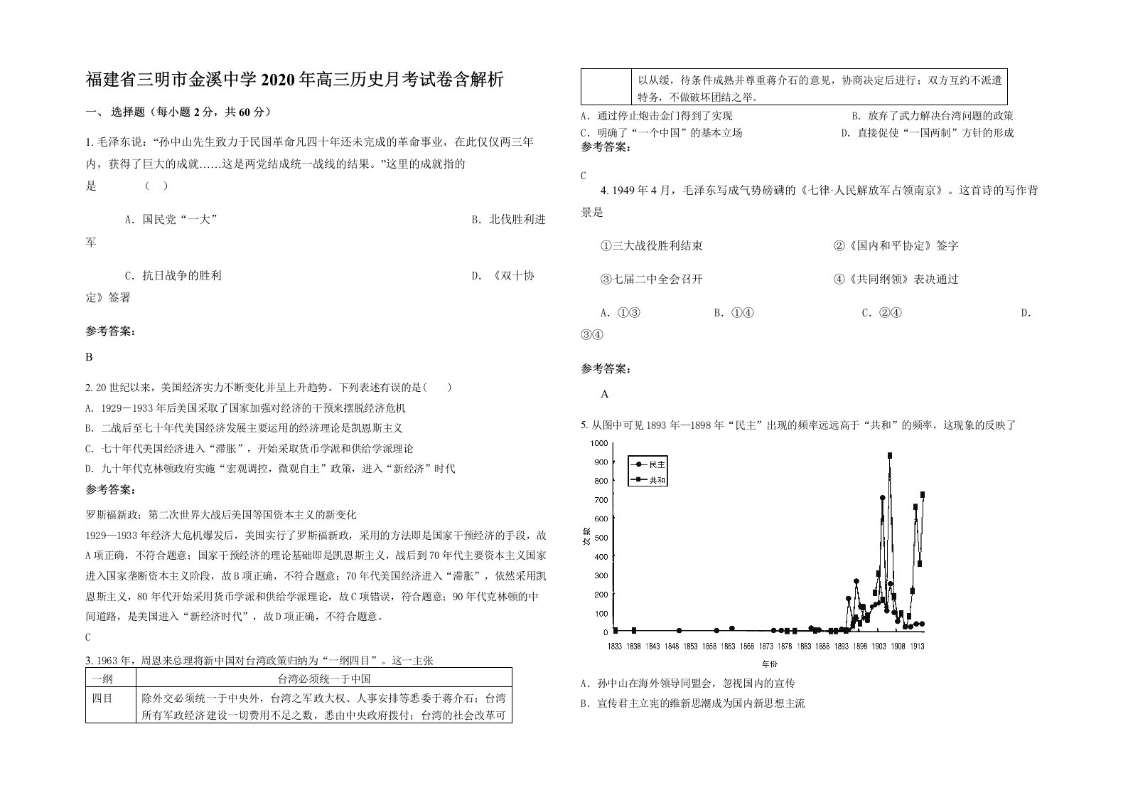 福建省三明市金溪中学2020年高三历史月考试卷含解析