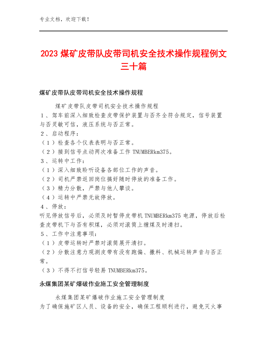 2023煤矿皮带队皮带司机安全技术操作规程例文三十篇