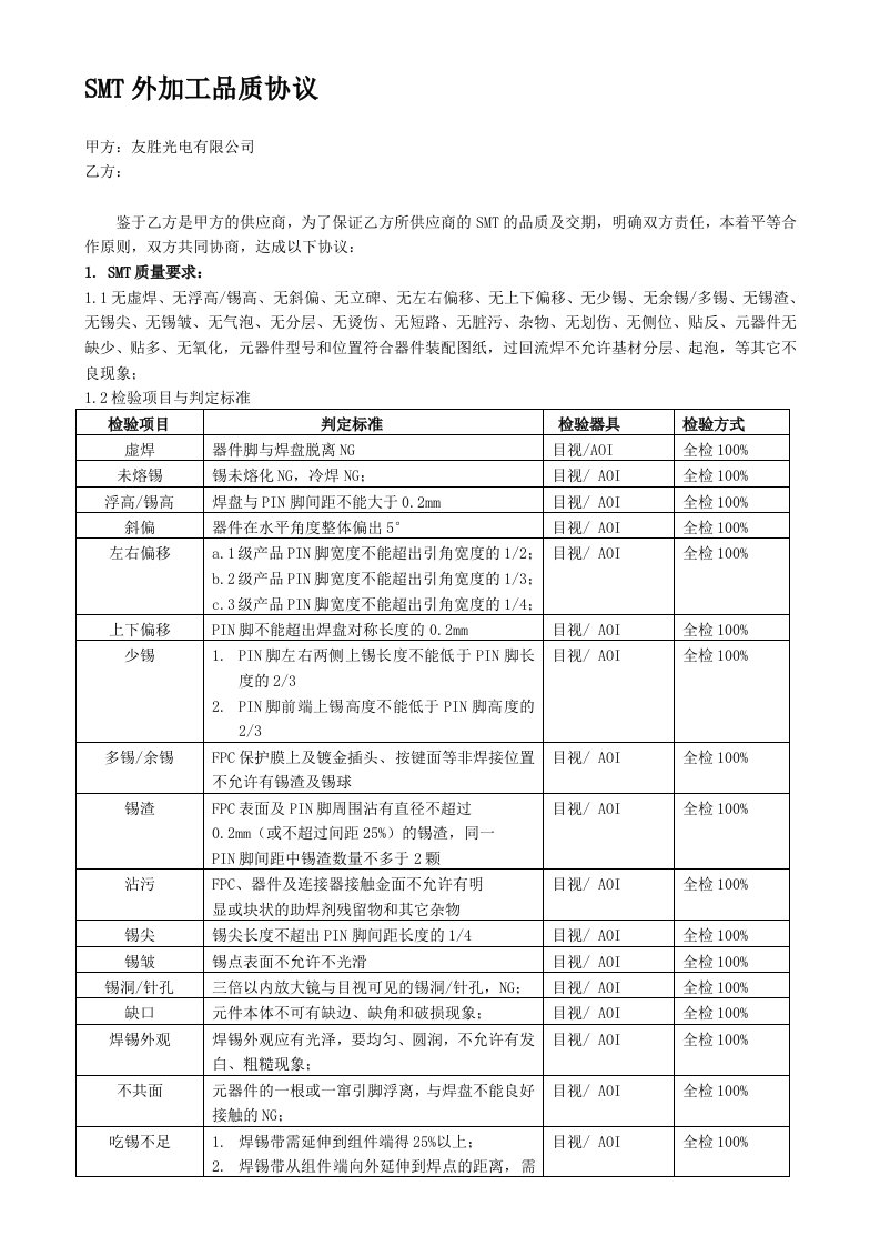 SMT加工品质协议