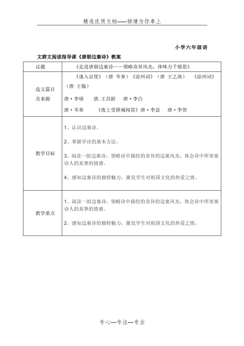 小学语文六年级群文阅读指导课《唐朝边塞诗》(共11页)