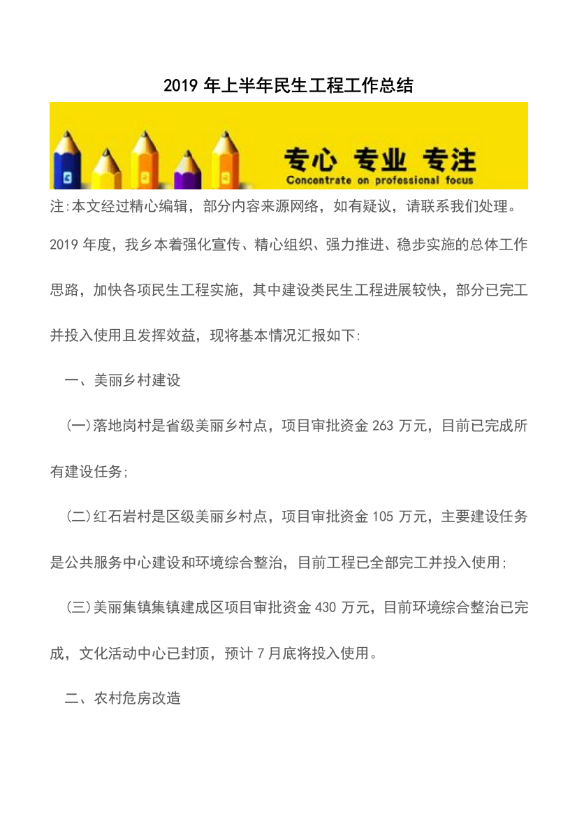 2019年上半年民生工程工作总结推荐下载