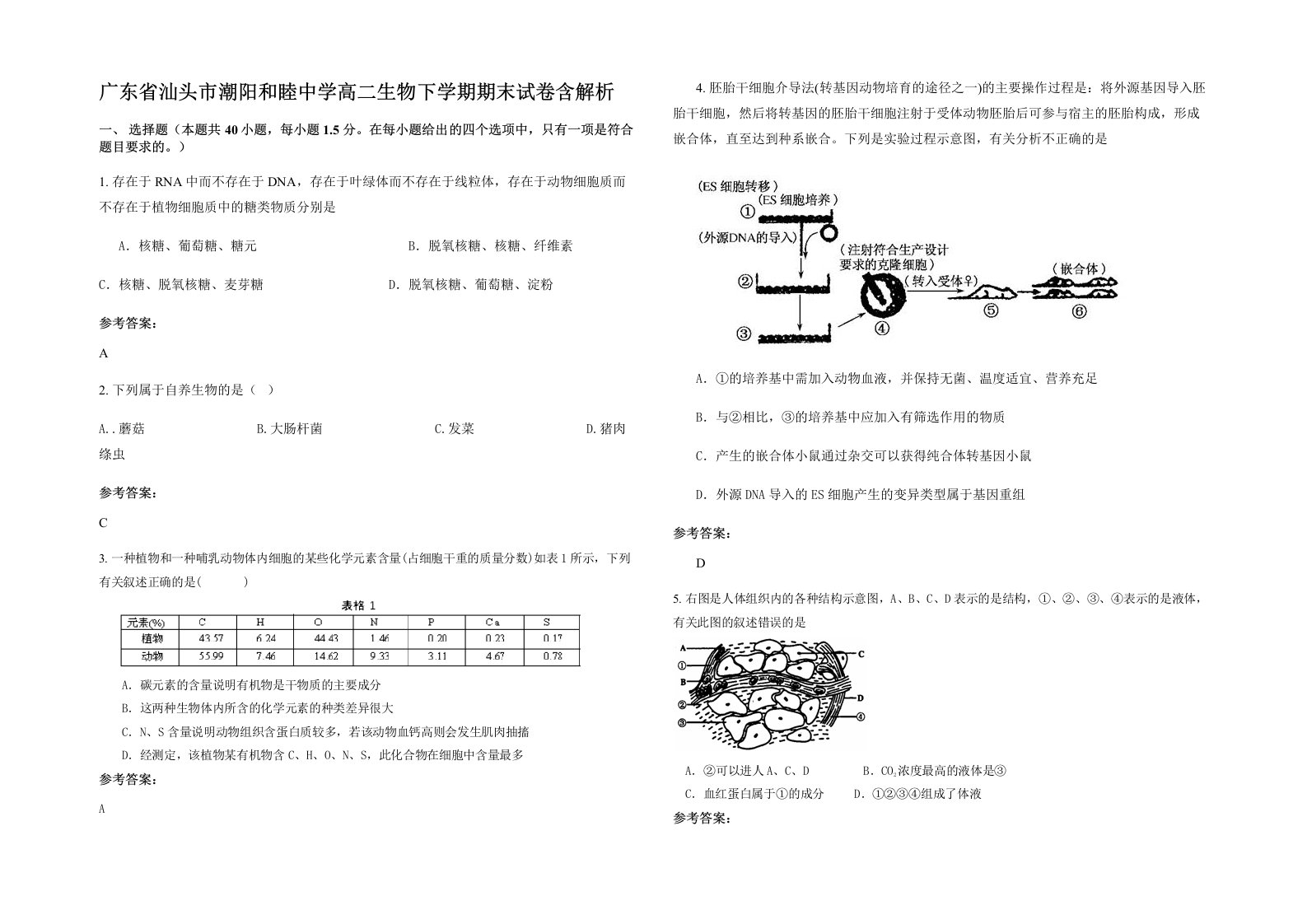 广东省汕头市潮阳和睦中学高二生物下学期期末试卷含解析