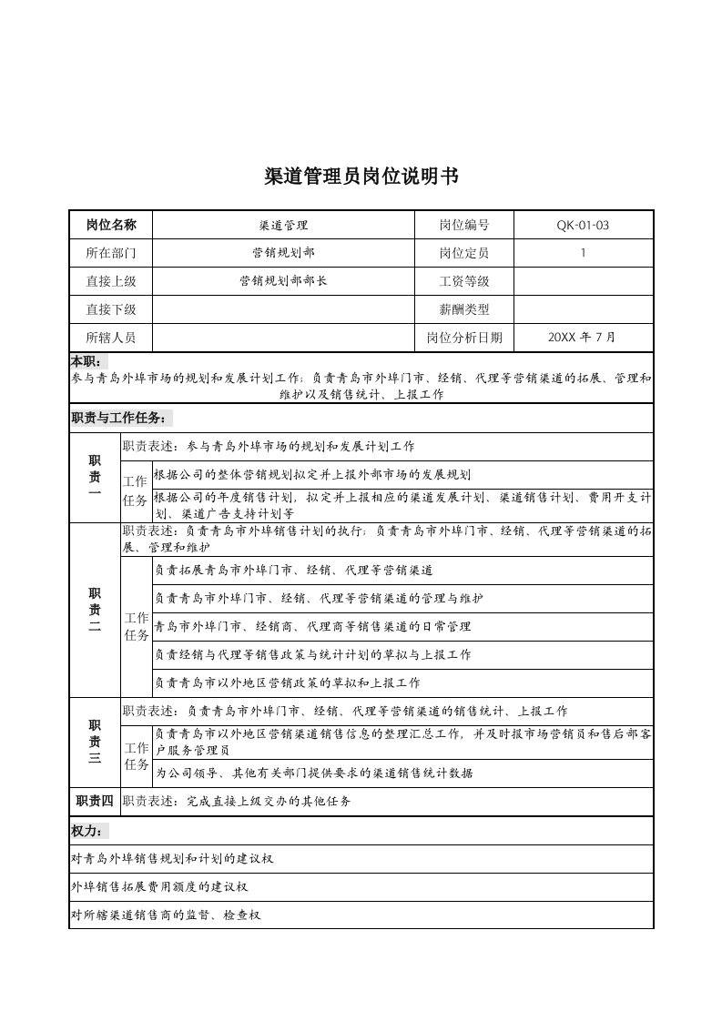 管理知识-乾坤木业公司渠道管理员岗位说明书