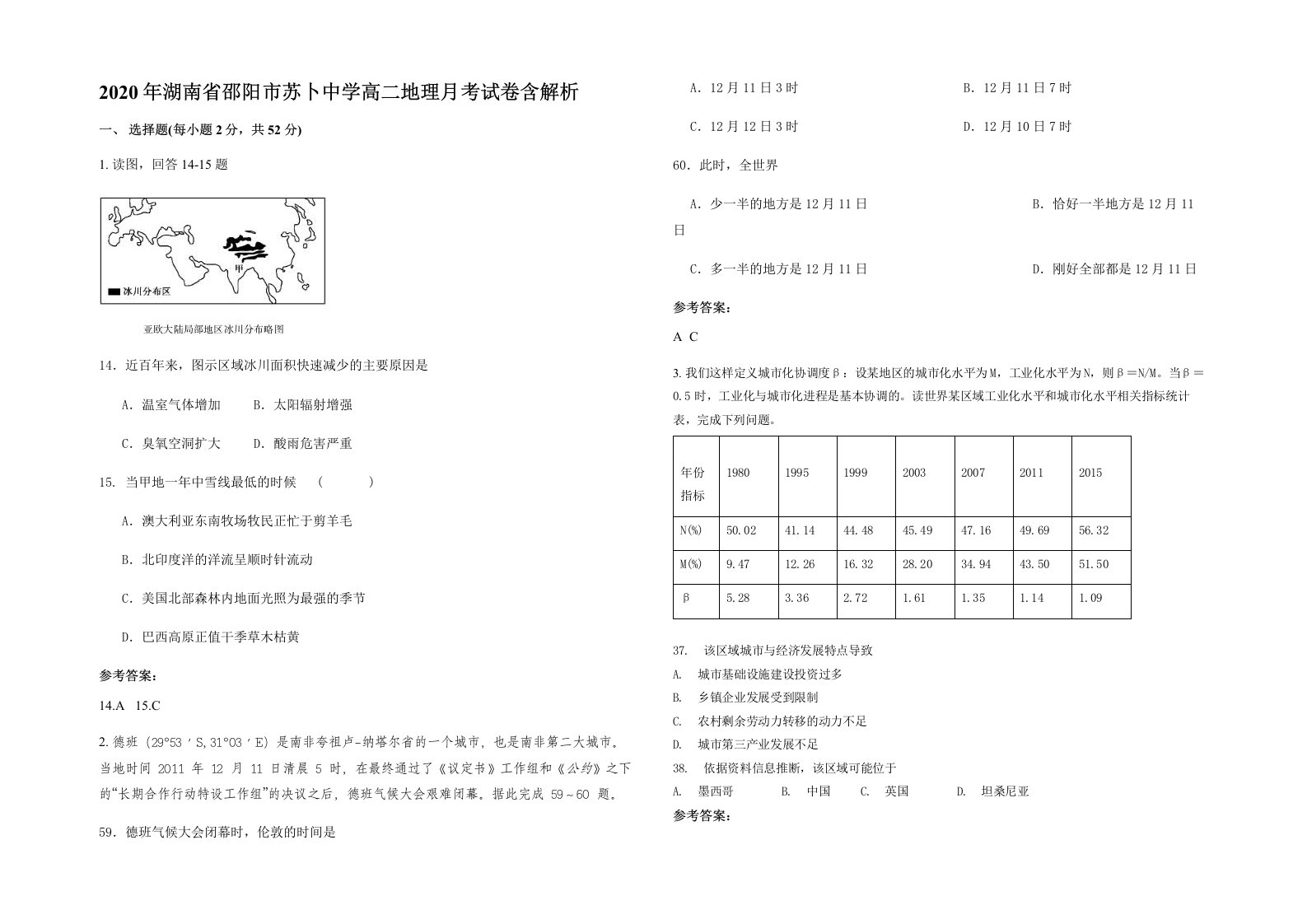 2020年湖南省邵阳市苏卜中学高二地理月考试卷含解析