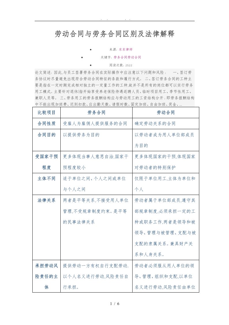 劳动合同与劳务合同区别与法律解释