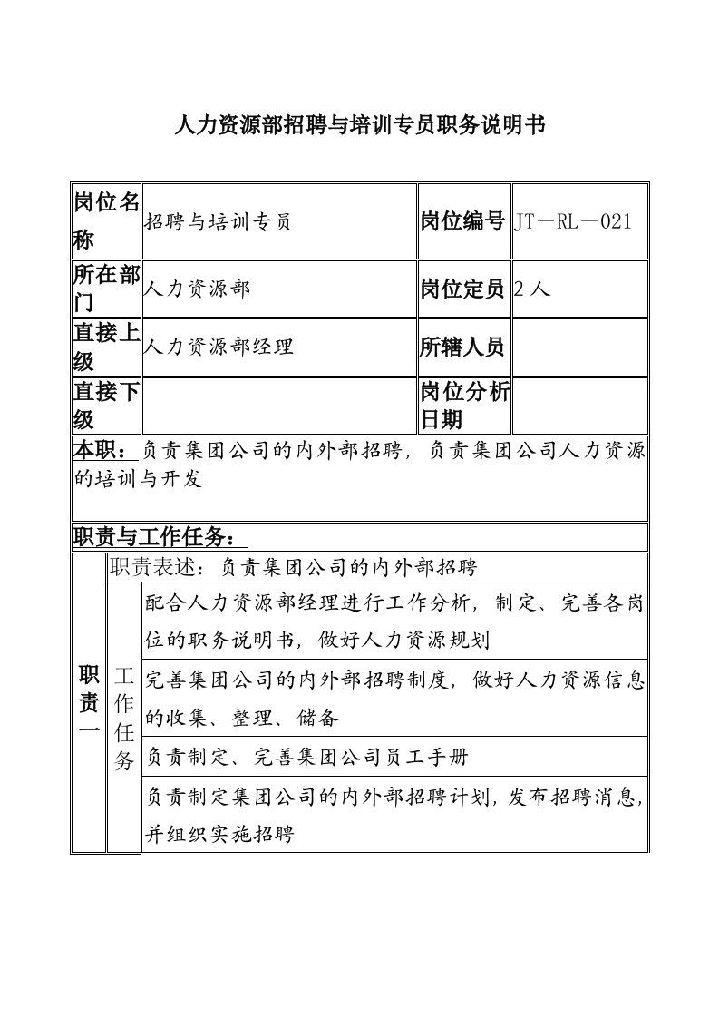 人力资源部招聘与培训专员岗位说明书