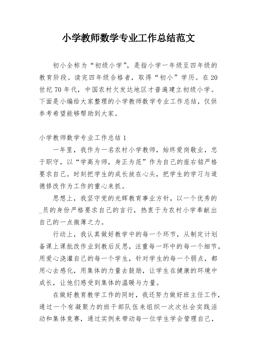 小学教师数学专业工作总结范文