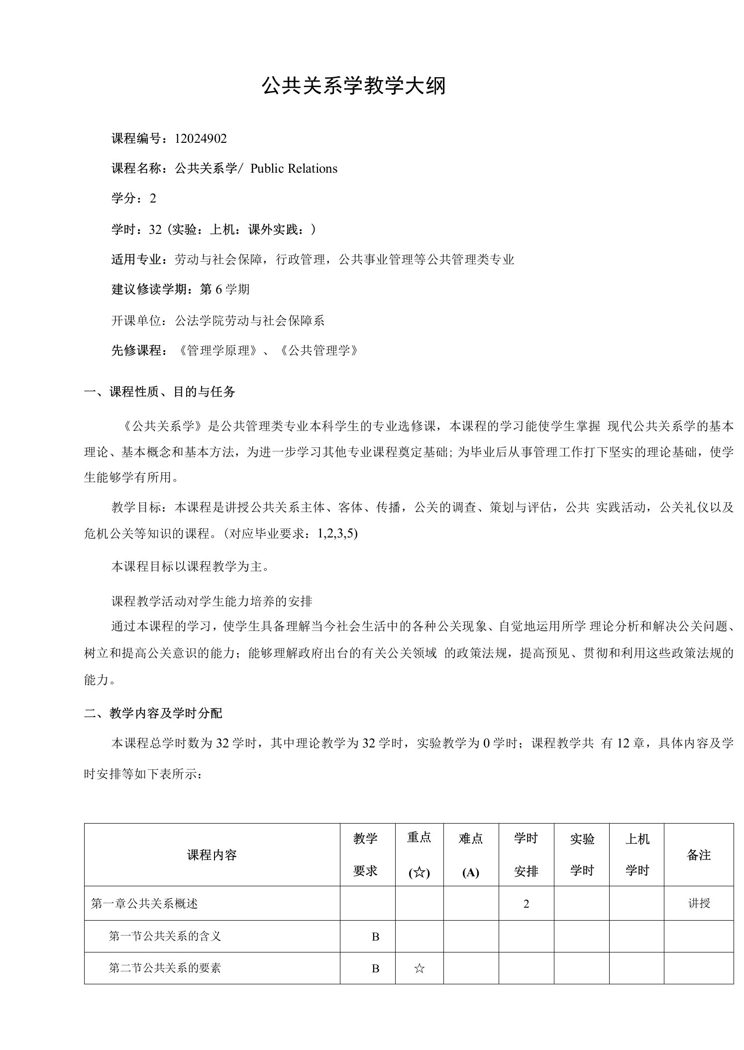 公共关系学教学大纲