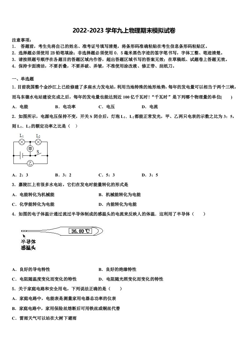 上海市宝山区淞谊中学2022年物理九年级第一学期期末达标测试试题含解析