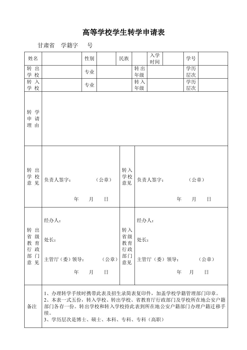 高等学校学生转学申请表