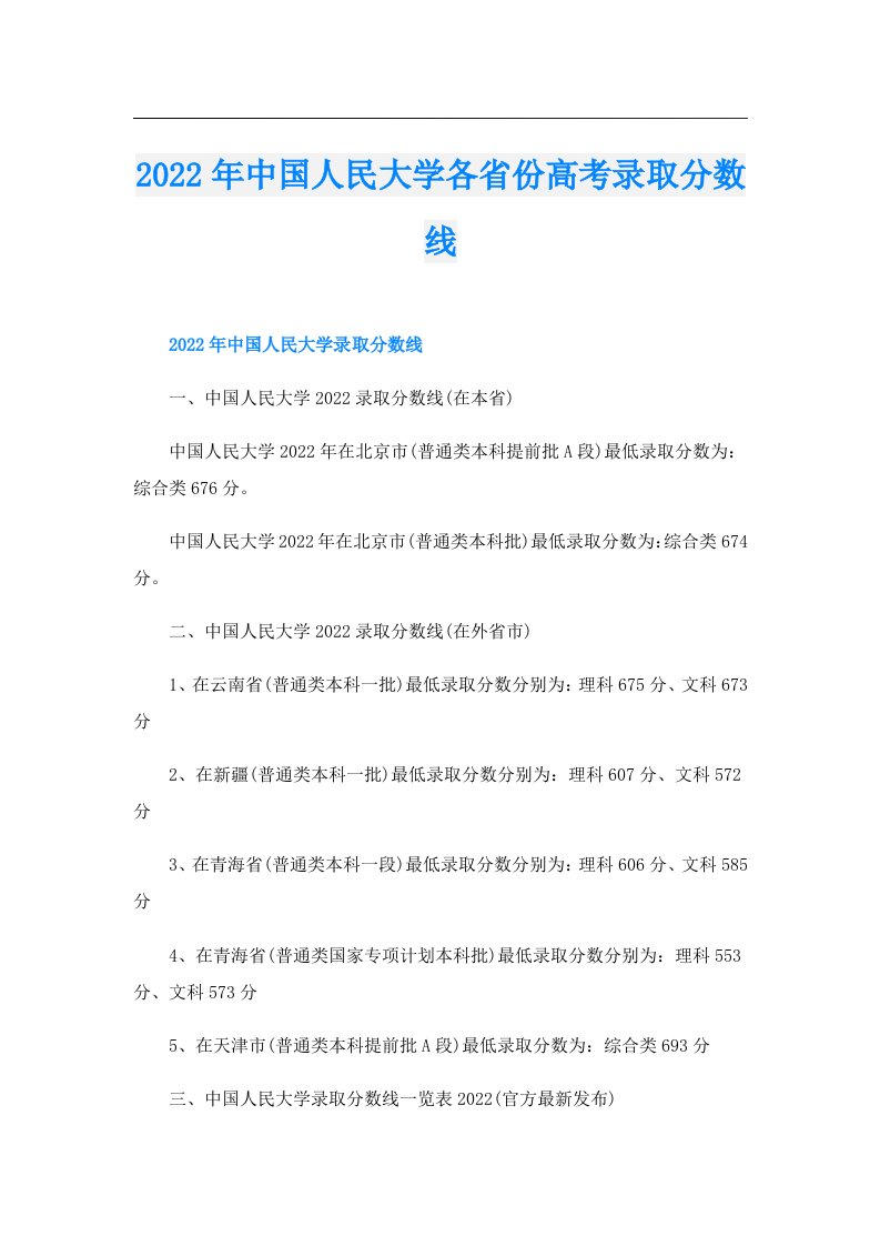 中国人民大学各省份高考录取分数线