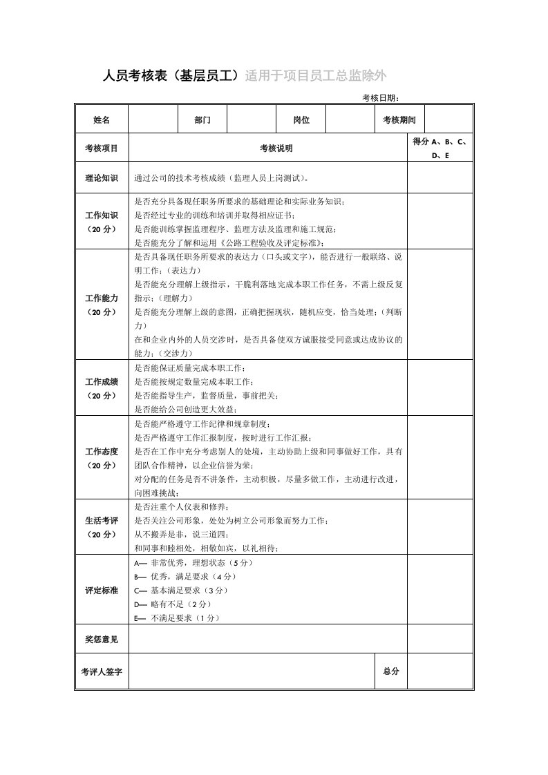 公司员工年终考核表