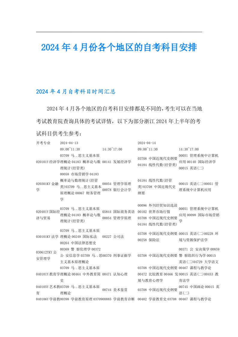 2024年4月份各个地区的自考科目安排