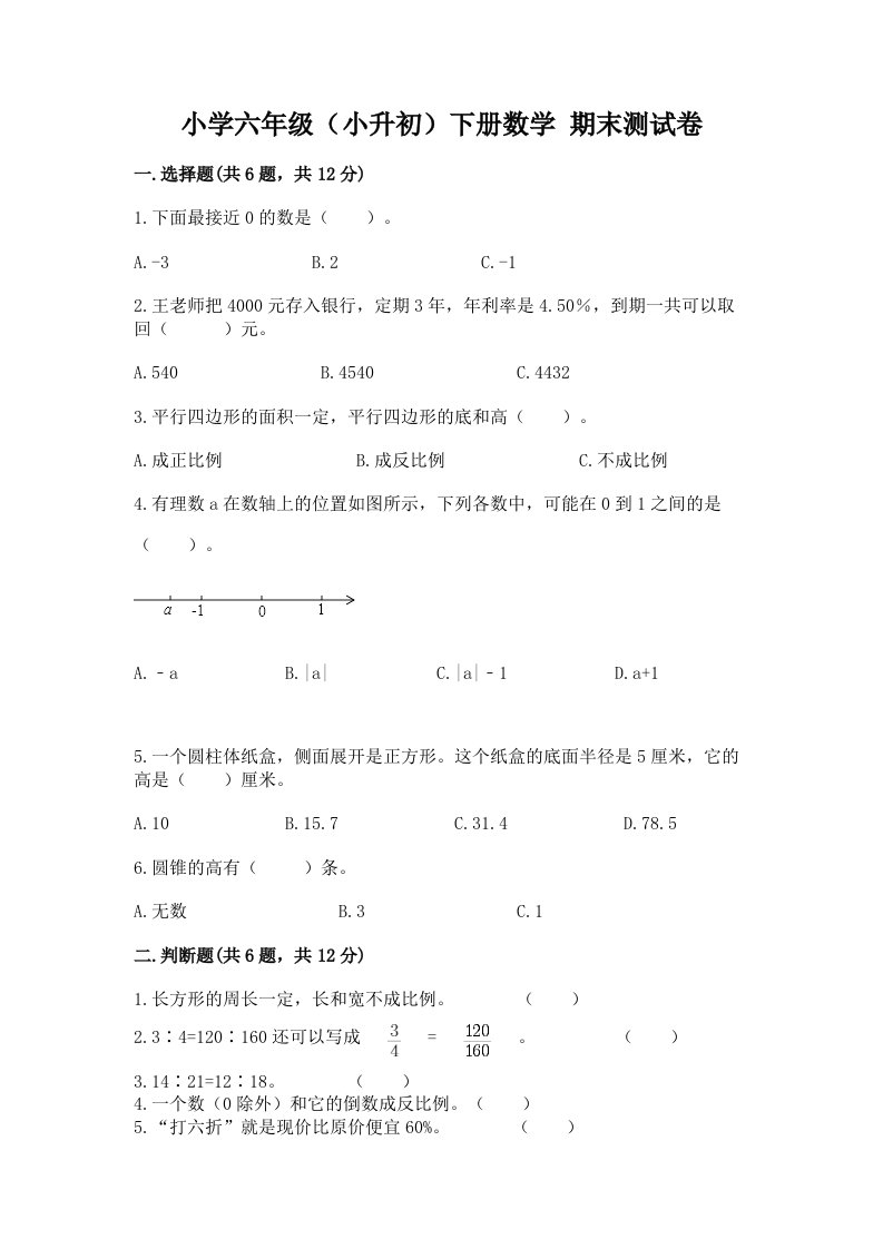 小学六年级（小升初）下册数学