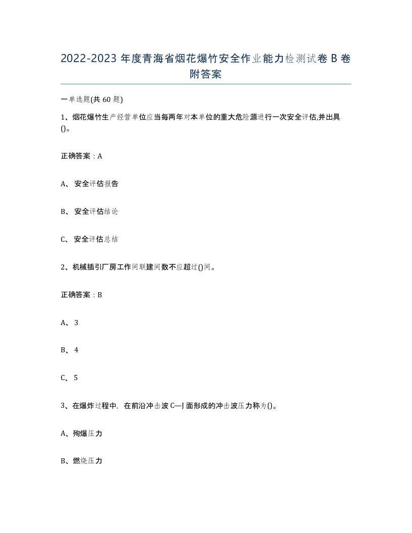 20222023年度青海省烟花爆竹安全作业能力检测试卷B卷附答案