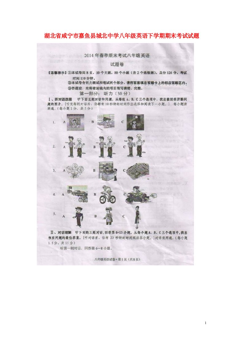 湖北省咸宁市嘉鱼县城北中学八级英语下学期期末考试试题（扫描版，无答案）