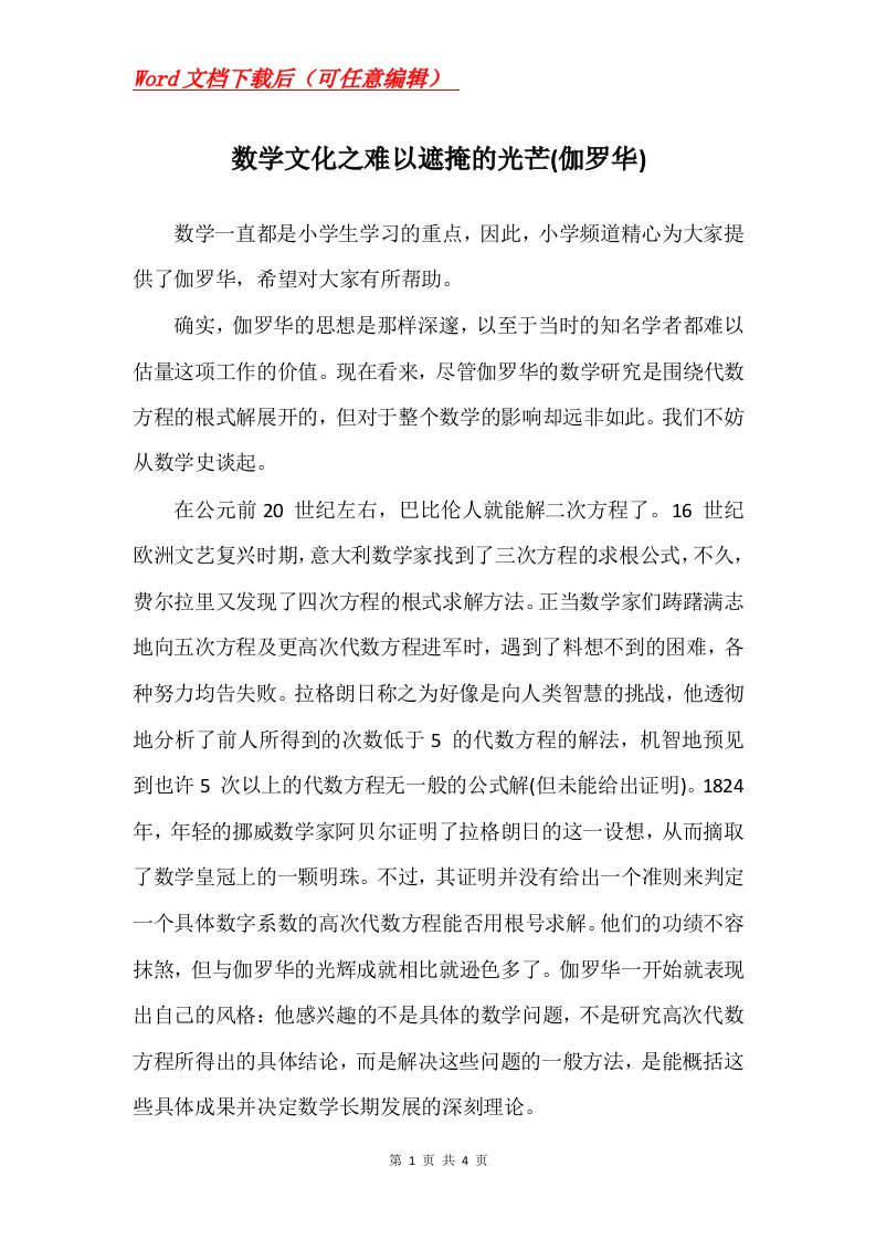 数学文化之难以遮掩的光芒伽罗华