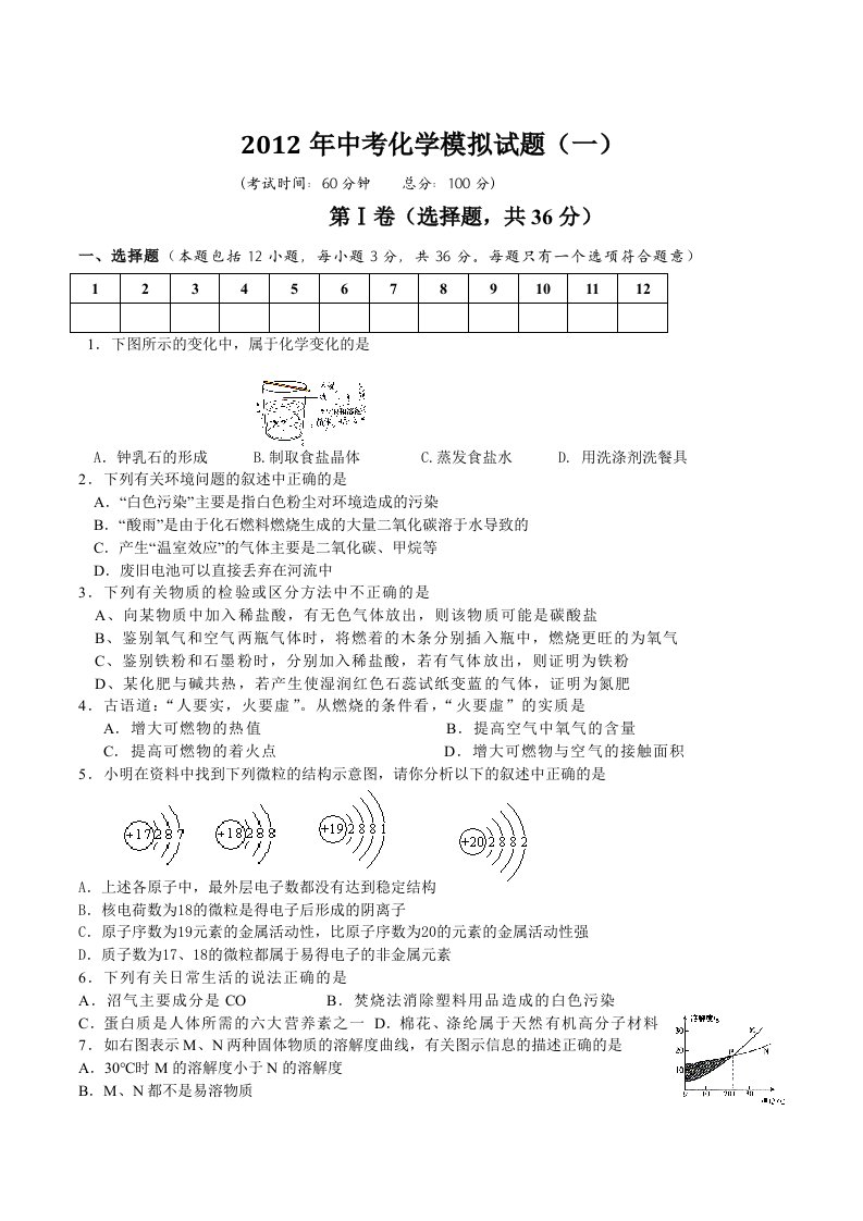 2012年四川成都石室联中中考化学模拟试题及答案