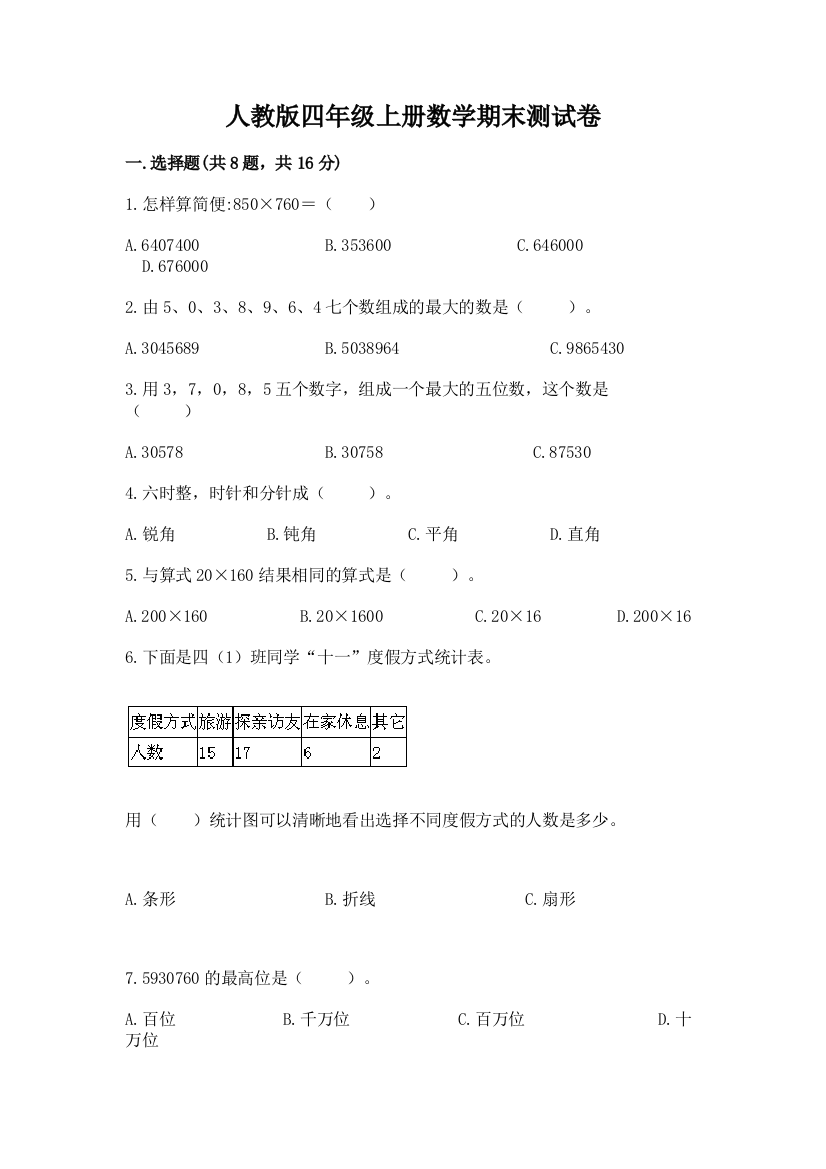 人教版四年级上册数学期末测试卷（全国通用）word版