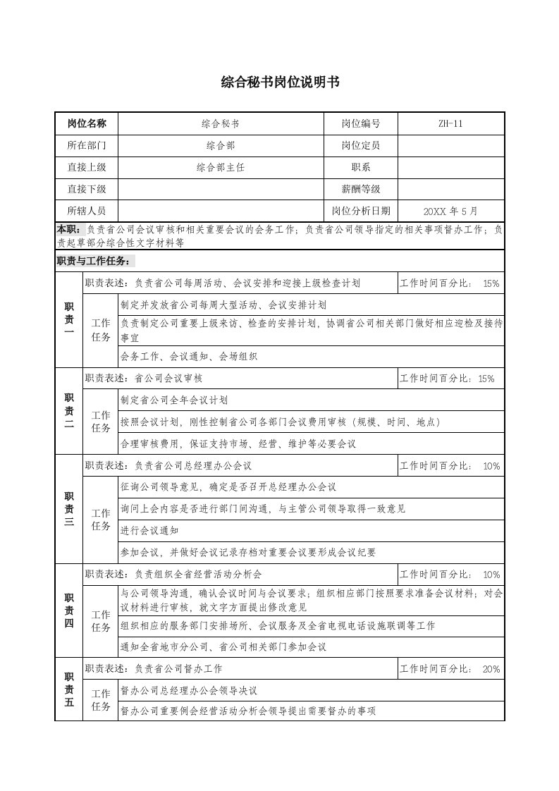 办公文秘-通信行业综合部秘书岗位说明书