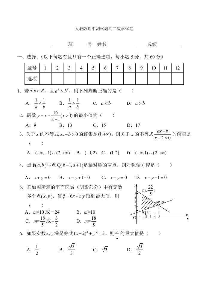 人教版期中测试题高二数学试卷