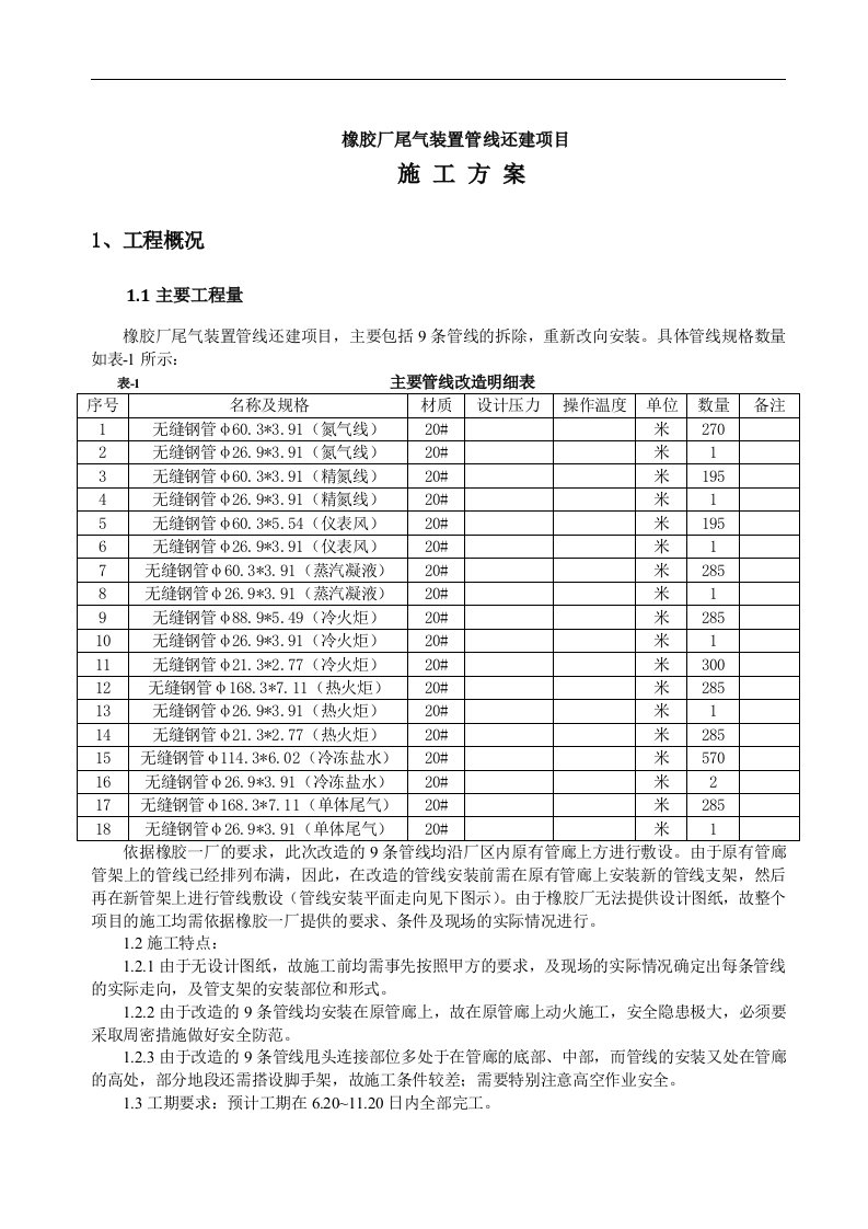 橡胶厂尾气装置管线改造施工方案(修改后)