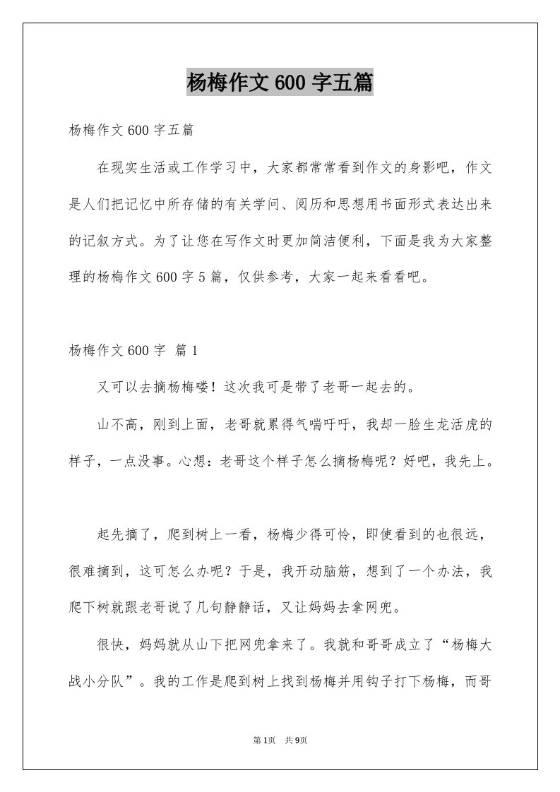 杨梅作文600字五篇