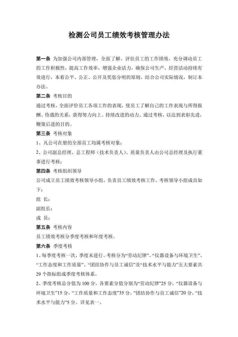 检测公司员工绩效考核管理办法