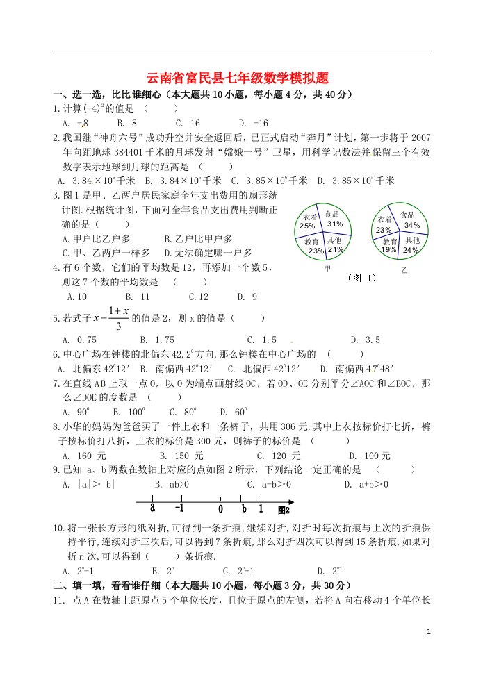 云南省富民县七年级数学模拟题（无答案）