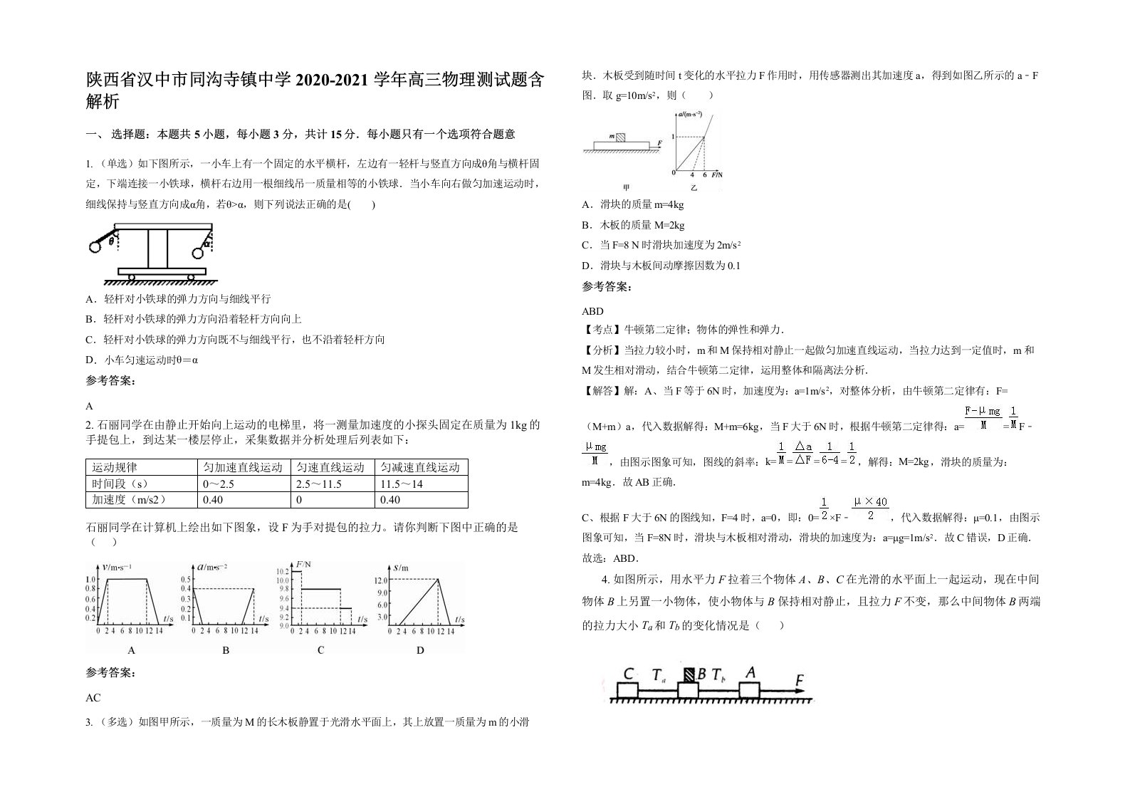 陕西省汉中市同沟寺镇中学2020-2021学年高三物理测试题含解析