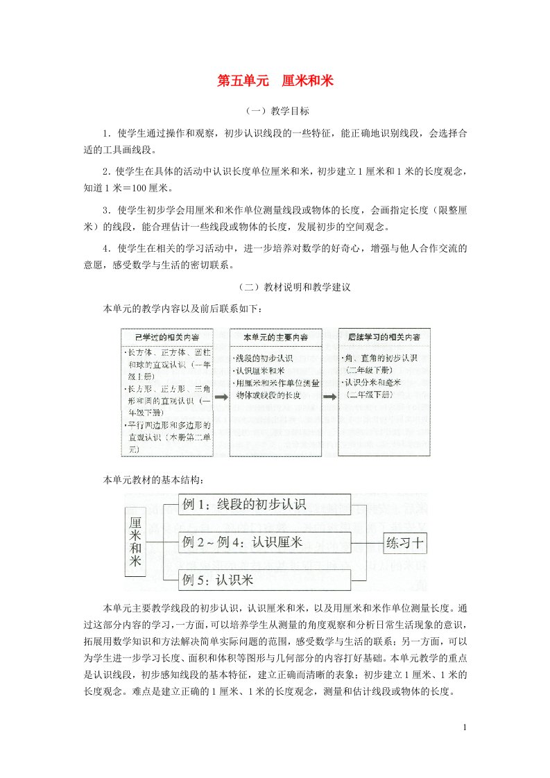 2021秋二年级数学上册第五单元厘米和米教材分析苏教版