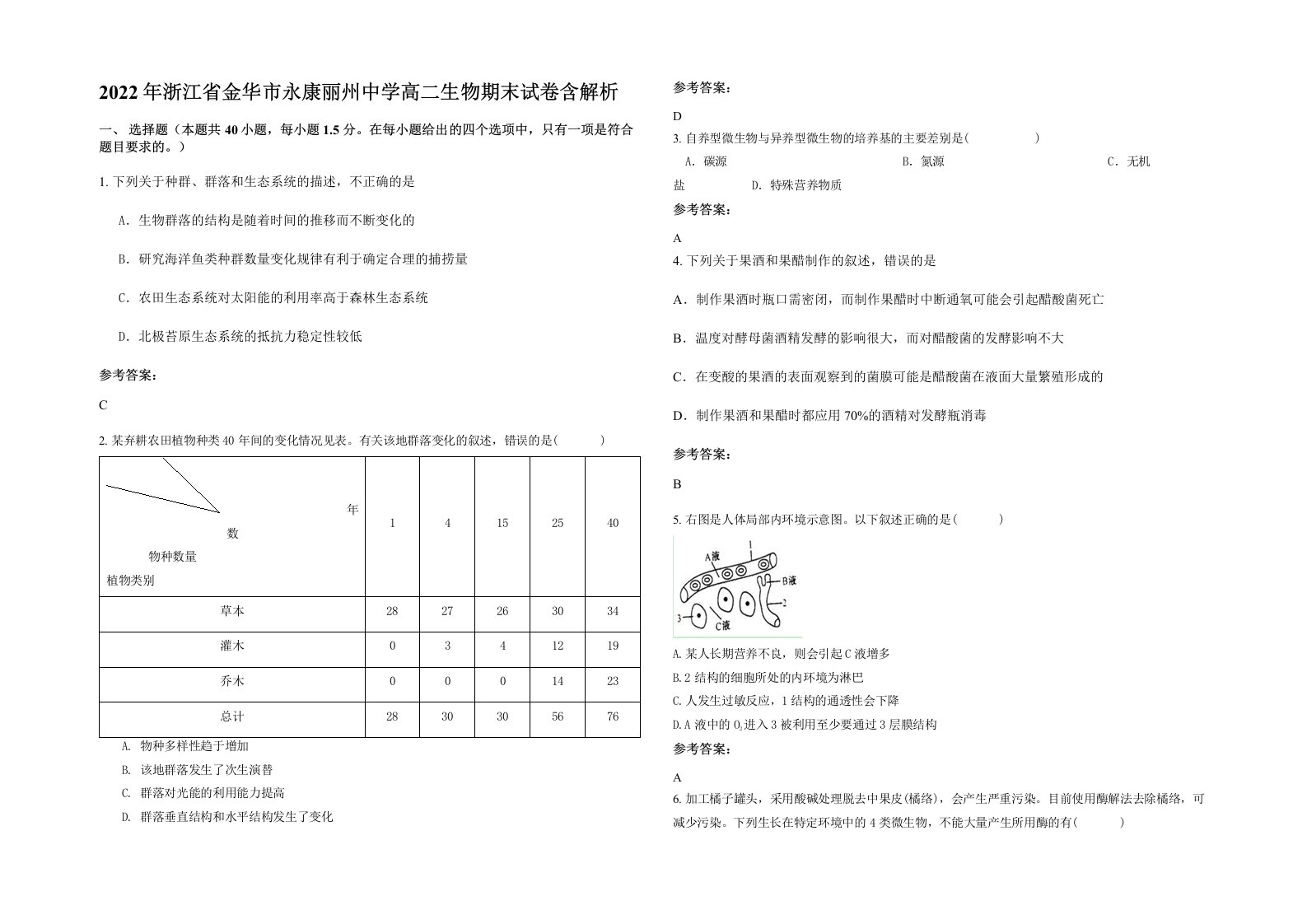 2022年浙江省金华市永康丽州中学高二生物期末试卷含解析