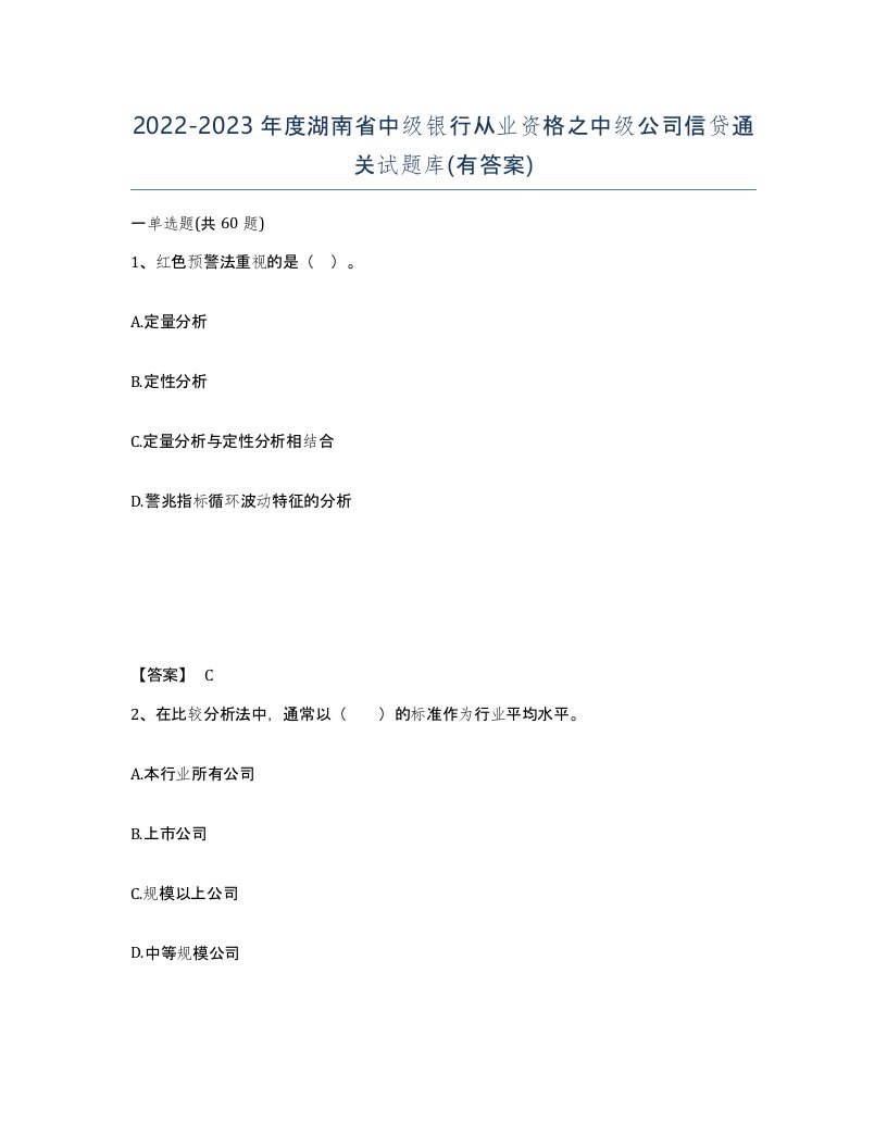 2022-2023年度湖南省中级银行从业资格之中级公司信贷通关试题库有答案