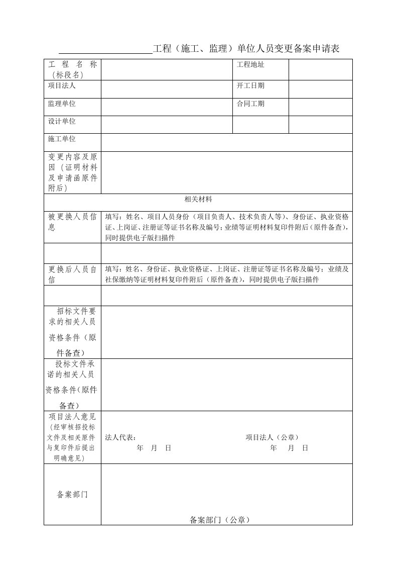 工程（施工、监理）单位人员变更备案申请表