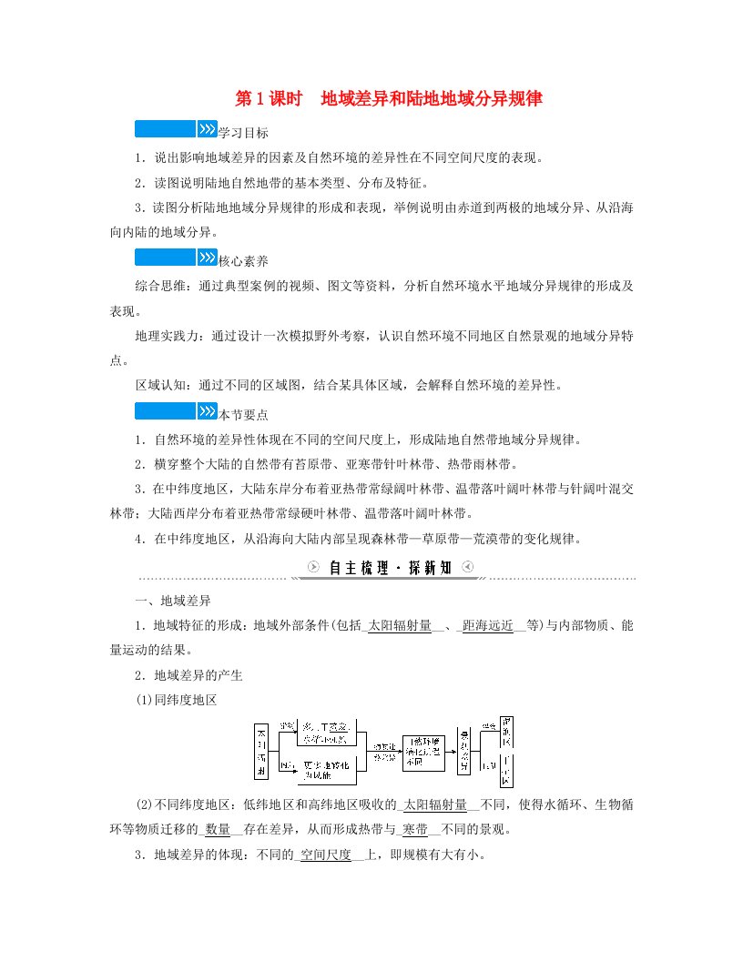 新教材适用2023_2024学年高中地理第5章自然环境的整体性与差异性第2节自然环境的地域差异性第1课时地域差异和陆地地域分异规律学案新人教版选择性必修1