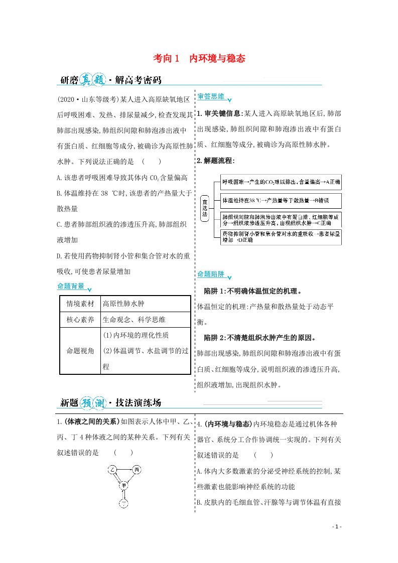 山东专用2021年高考生物二轮复习第一篇专题7考向1内环境与稳态学案