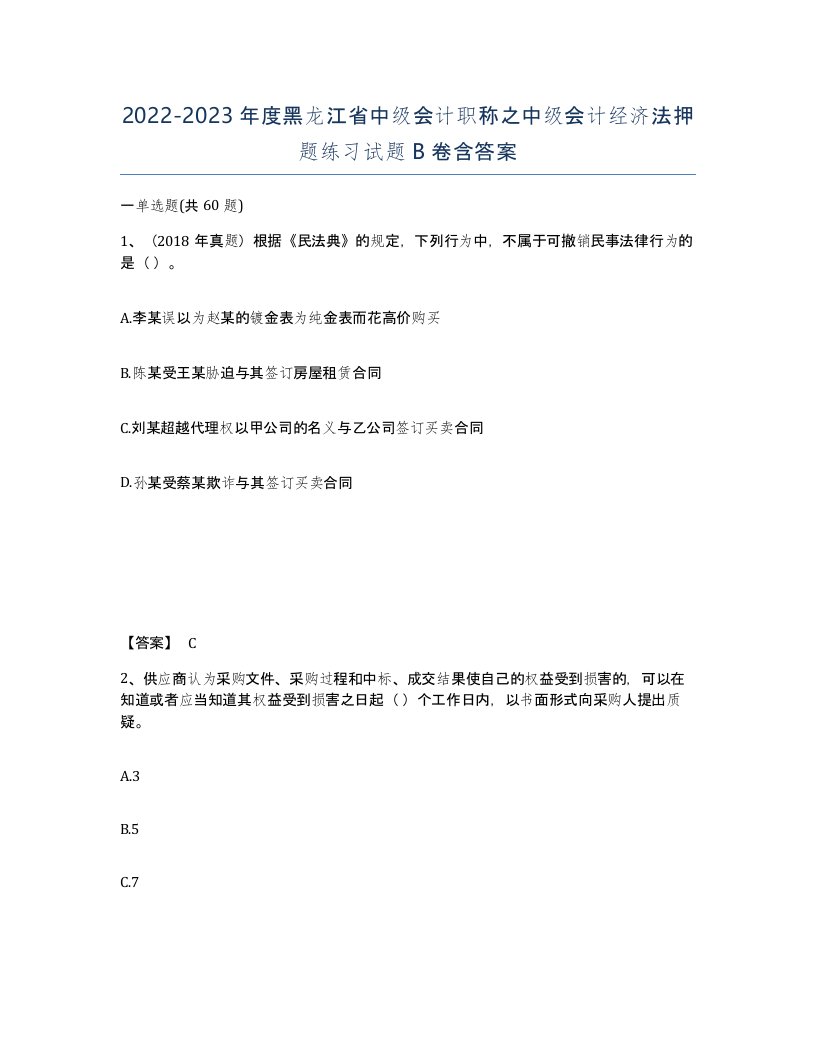 2022-2023年度黑龙江省中级会计职称之中级会计经济法押题练习试题B卷含答案