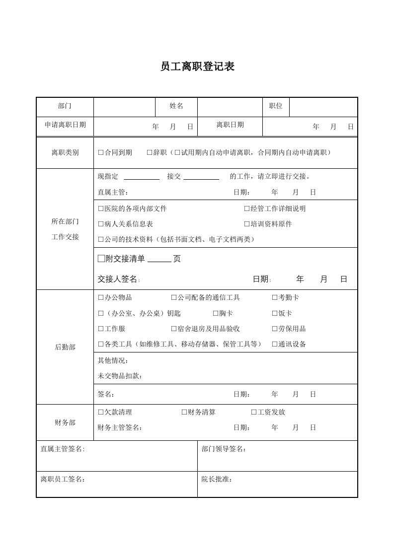 员工离职登记表