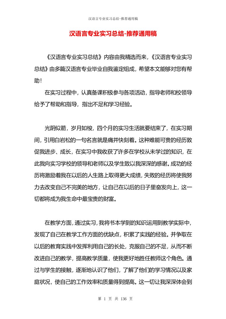 汉语言专业实习总结