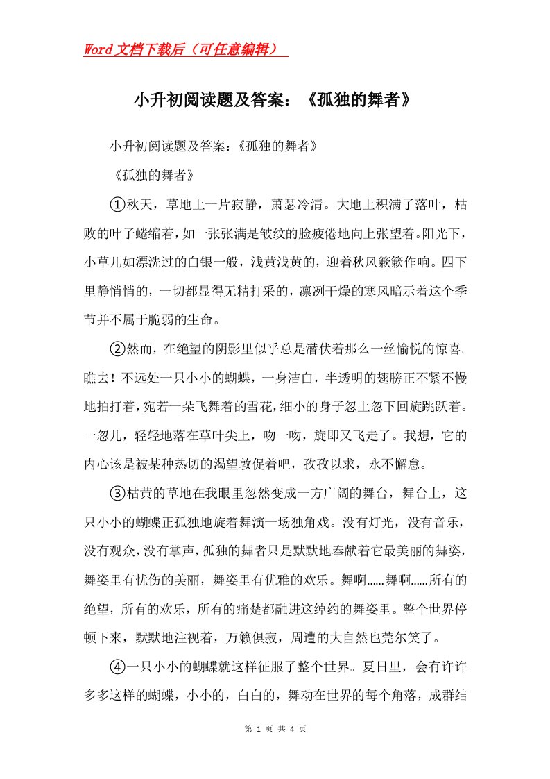 小升初阅读题及答案孤独的舞者