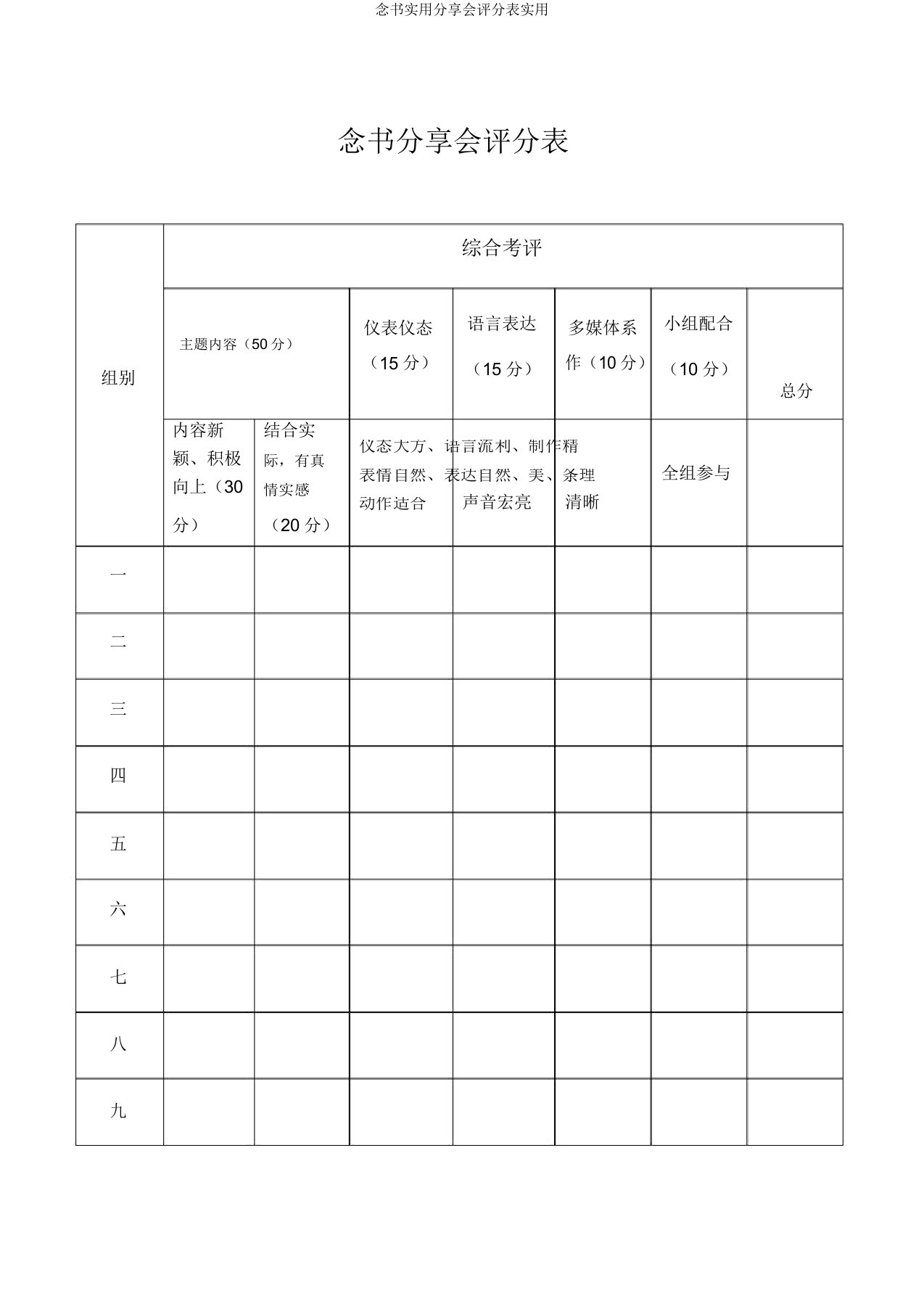 读书实用分享会评分表实用