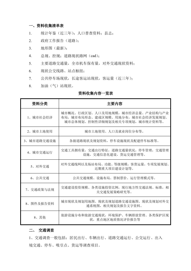 道路交通规划资料收集清单表